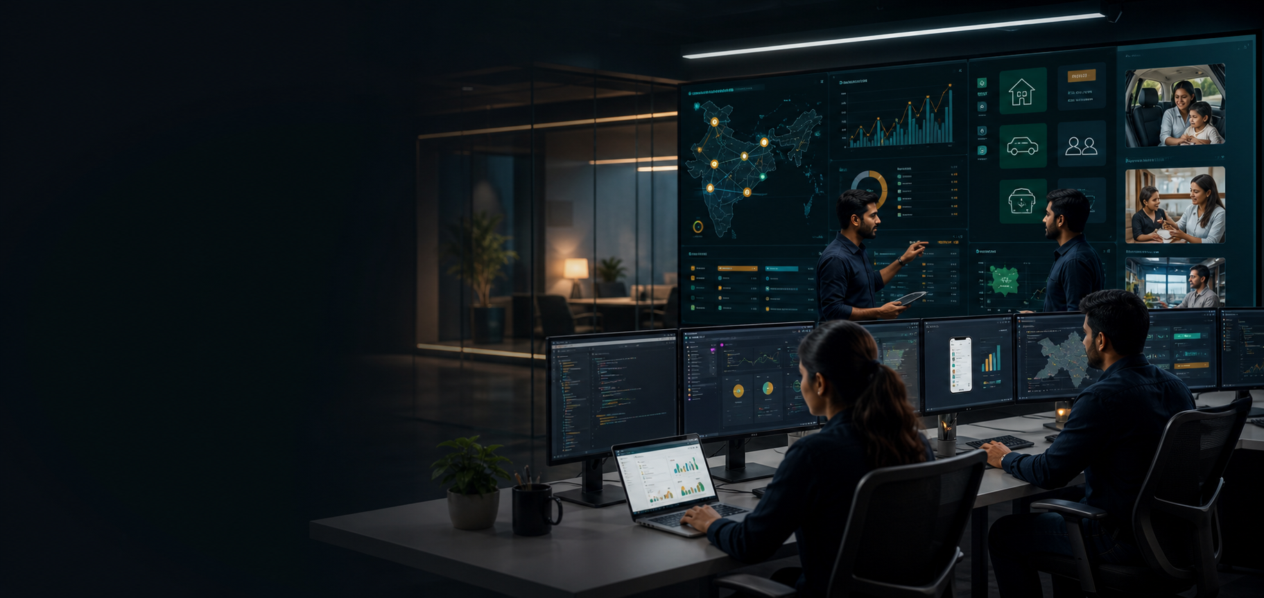 A dark modern operations workspace with technology dashboards and service coordination